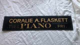 Vintage Coralie A. Flaskett Piano (Tacoma) 20" Long Painted Metal Sign