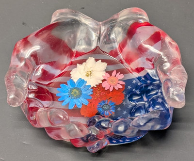 Patriotic Resin Open Hands Holding An American Flag & Embedded Flowers 6'' x 5.5''