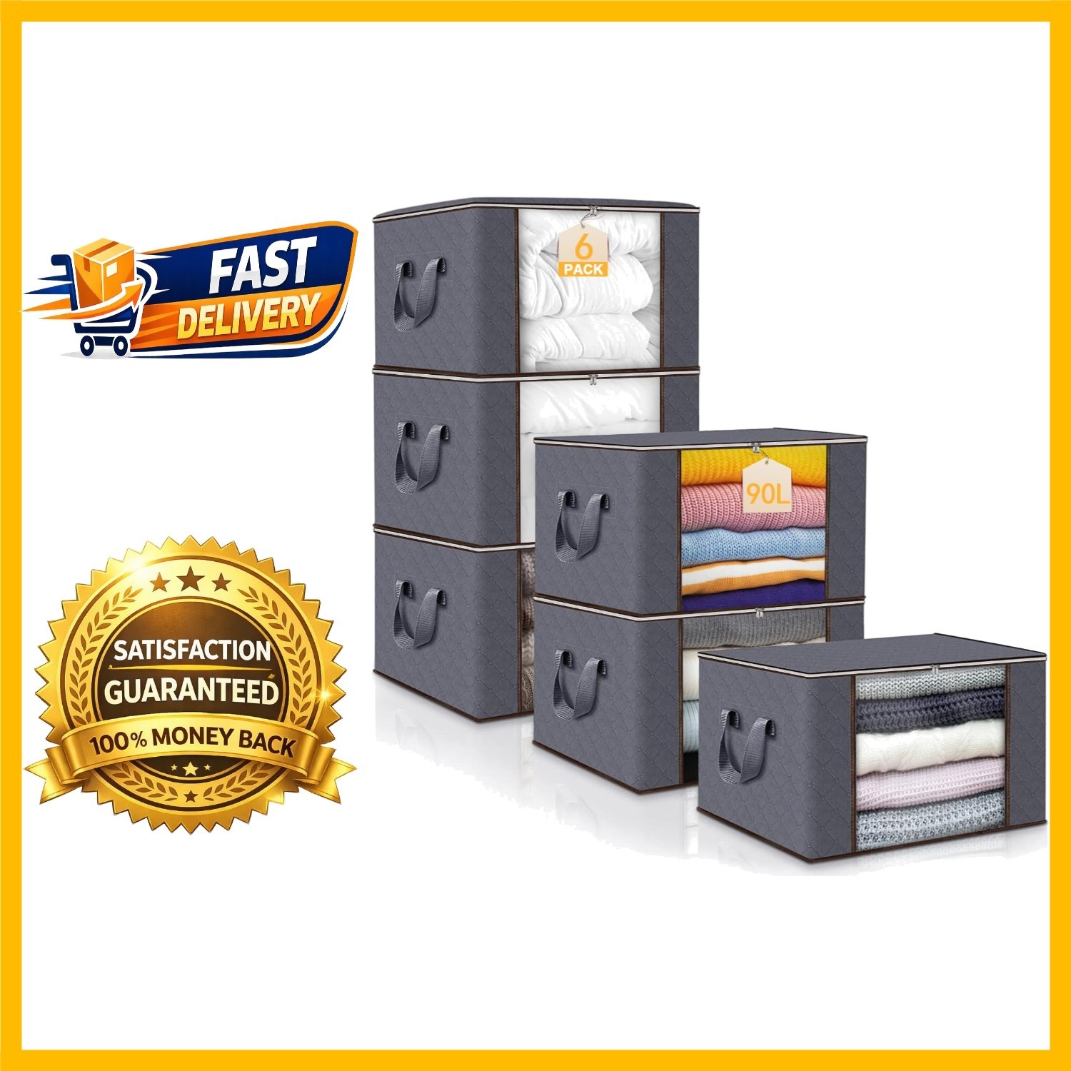 Sacs de Rangement Pliable 90 Litres Organisateur de Couette et Vêtements avec Poignée Lot de 6