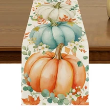 Fall Pumpkin Table Runner 13x72 Inch Kitchen Dining Autumn Thanksgiving Eucal...