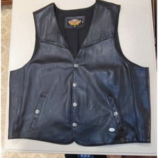 VTG Harley-Davidson Men's Black Leather Biker Vest XXL Made in USA Winged Patch