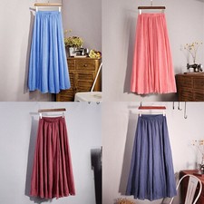 refreshing Pleated Solid Beach Long Women Dress Waist Elastic Summer Skirt Maxi