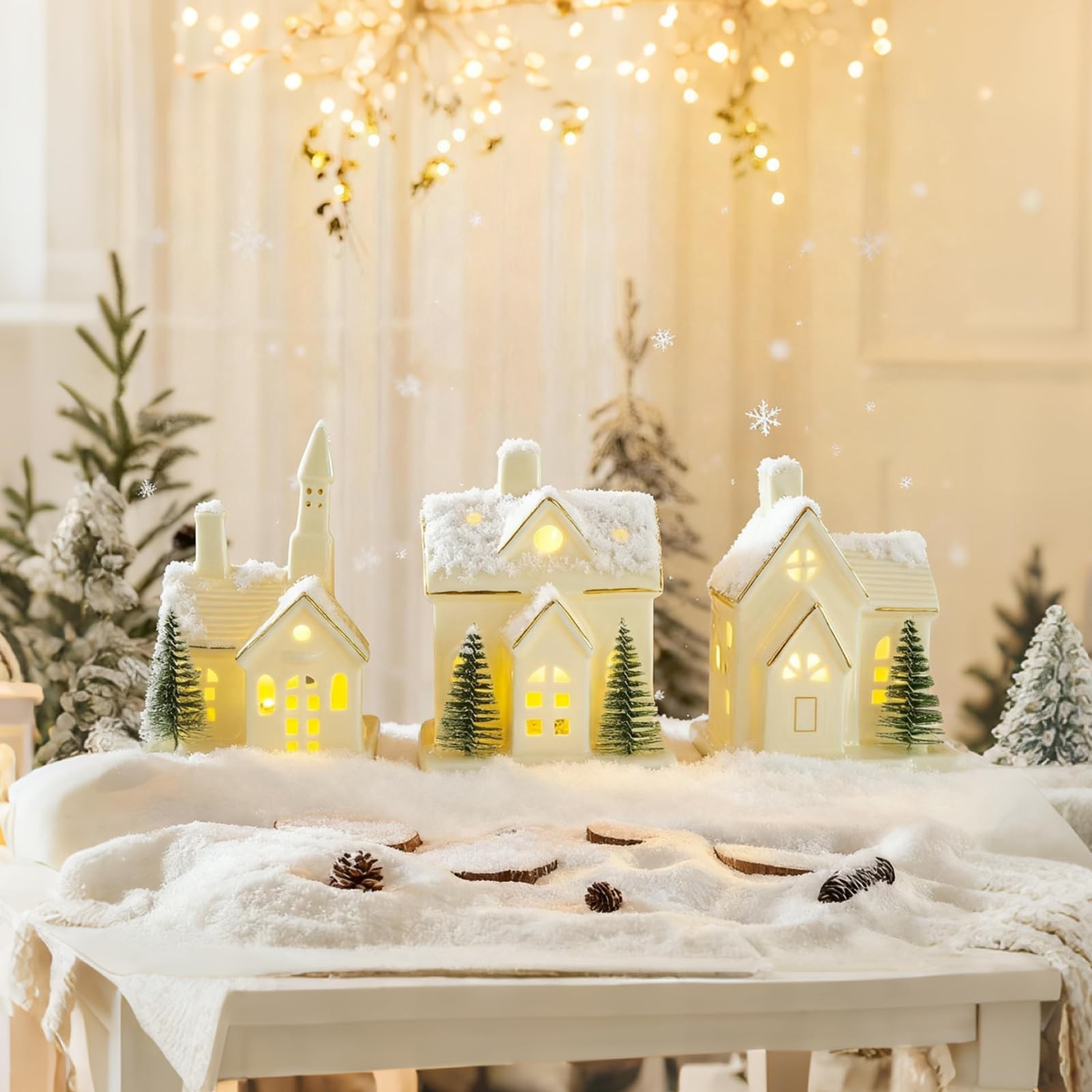Timer: White Ceramic Christmas Village Houses, 3Pcs Light Up Christmas Villag...