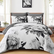 Grey Queen Comforter Set 7 Piece Bed in a Bag Gray Floral Printed on White