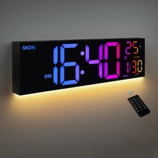 16" Large Digital Wall Clock, Big LED Display with Remote, 8 RGB Color, Alarm,