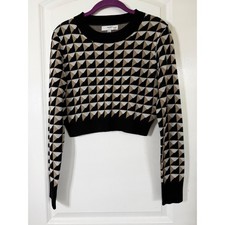 Saunders Collective Geometric Triangle Knit Cropped Sweater Black Tan White Med