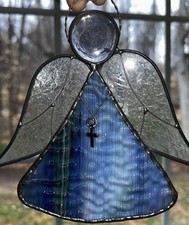 Stained Glass Angel With Cross Sun Catcher Blue 6 Inches
