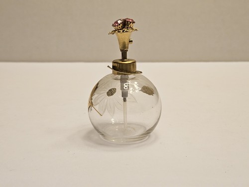 Vintage Irving Rice & Co Clear Etched Glass Perfume Bottle with Flowers - Picture 2 of 10