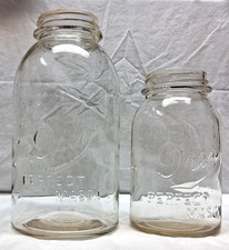 2 VINTAGE "DREY" PERFECT MASON JARS - 2 QT & 1 QT - WRITING OFF CENTER ON BOTH