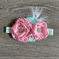 Pink Floral Baby Headband with Rhinestones, Pearls, Feathers and Bow Accents