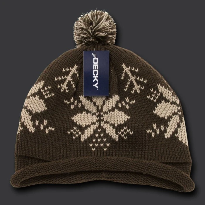 BROWN SNOWFLAKE ROLL UP POM POM BEANIE HAT CAP