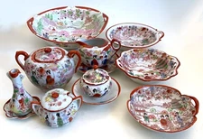 Rare KUTANI Ware Hand Made POTTERY Geisha Girl Lot 15 pc Bowls JAPAN Early 1900s