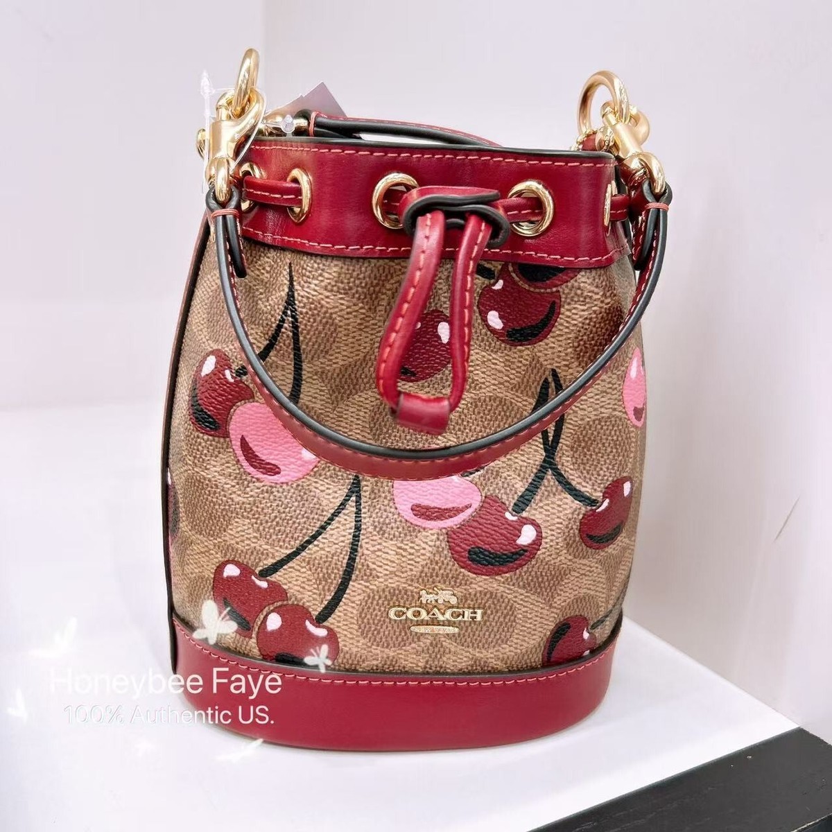 NWT Coach Mini Bucket Bag In Signature Canvas With Cherry