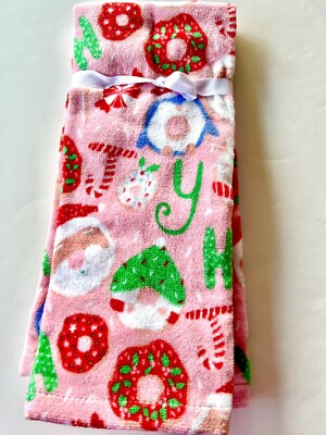 2 CHRISTMAS DOUGHNUTS PINK KITCHEN TOWELS SANTA GNOME PENGUIN JOY POLAR BEAR
