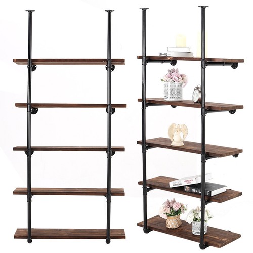 RETRO OAK FLOATING SHELVES WITH VINTAGE IRON PIPE BRACKETS WOOD PANEL WALL SHELF - Picture 3 of 29