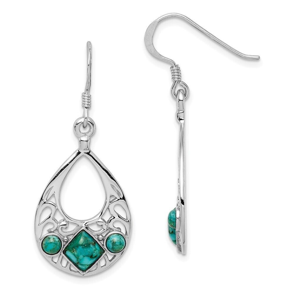 Reconstituted Turquoise Dangle Hoop Earrings Rhodium on Sterling Silver Reconstituted Turquoise Dangle Hoop Earrings Rhodium on Sterling Silver