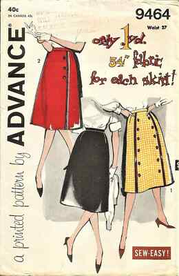 Vintage 1950's Advance 9464 PANEL or WRAP-LOOK SKIRT Sewing Pattern Women 28''
