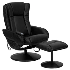 Massaging Black Leathersoft Recliner and Ottoman with Leather Wrapped Base 