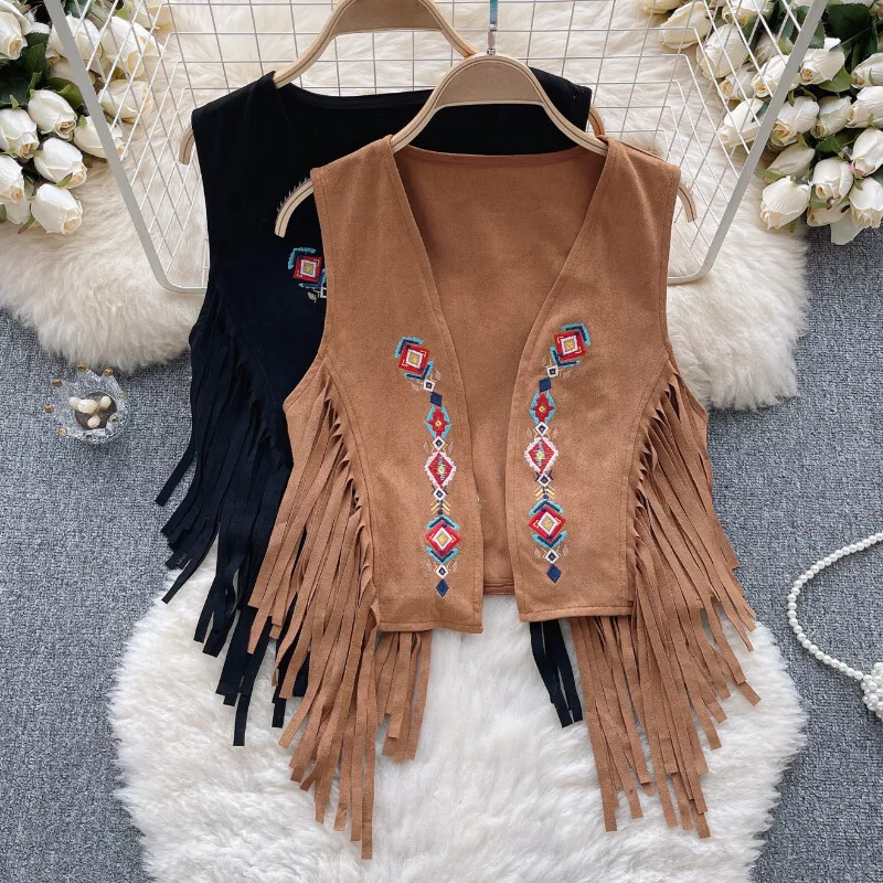 Femme Faux Daim Gilet Veste sans Manche Cardigan Broderie Frange