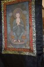 Thangka Tibet Buddha auf Thron Seienbrokat sehr feine Miniaturmalerei 90x60cm