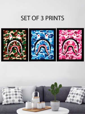 SET OF 3 A BATHING APE BAPE SHARK CAMO 11x17 ART POSTER PRINT