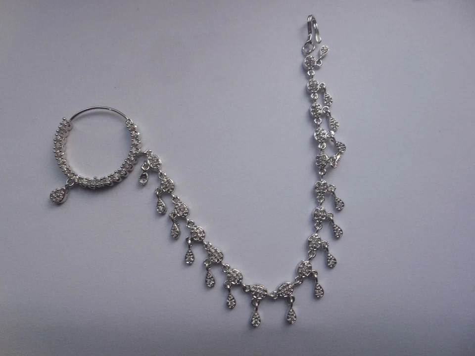 Anillo de nariz perforado plateado con cadena joyería cristal nariz aro novia grande Foto 2 de 4