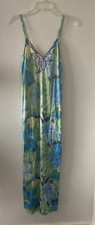 Vintage 80s Val Mode Nightgown Long Green Floral Side Slits Aplique Artsy