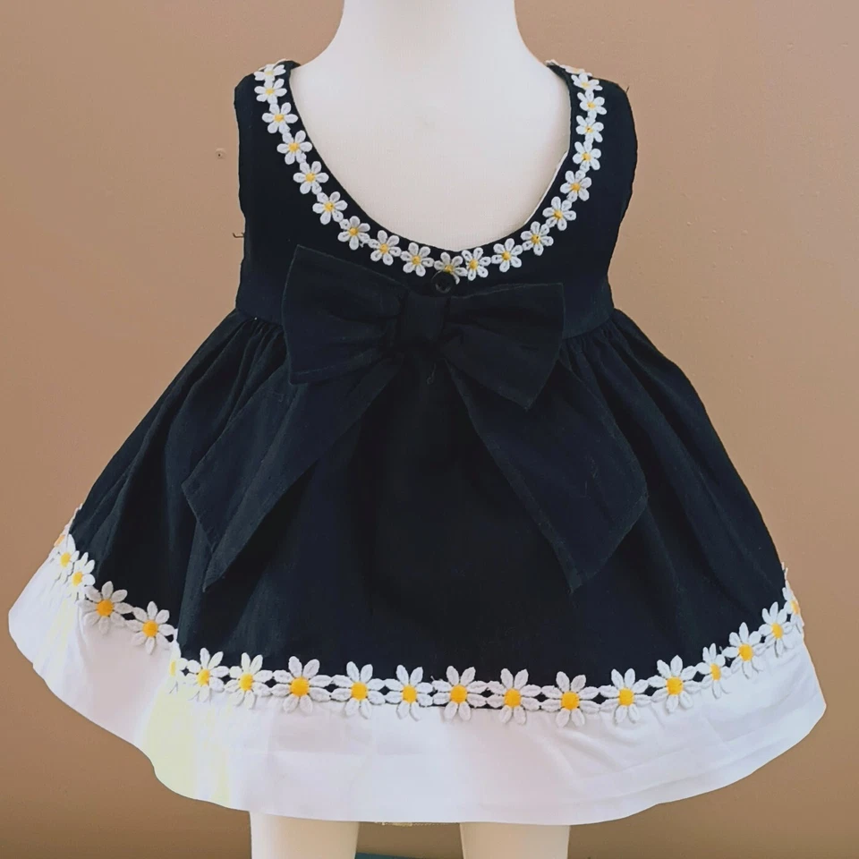 Девочки черный Daisy отделки платье 3-6 М без рукавов Fit & Flare V-образной спиной с большим бантом - Изображение 3 из 4