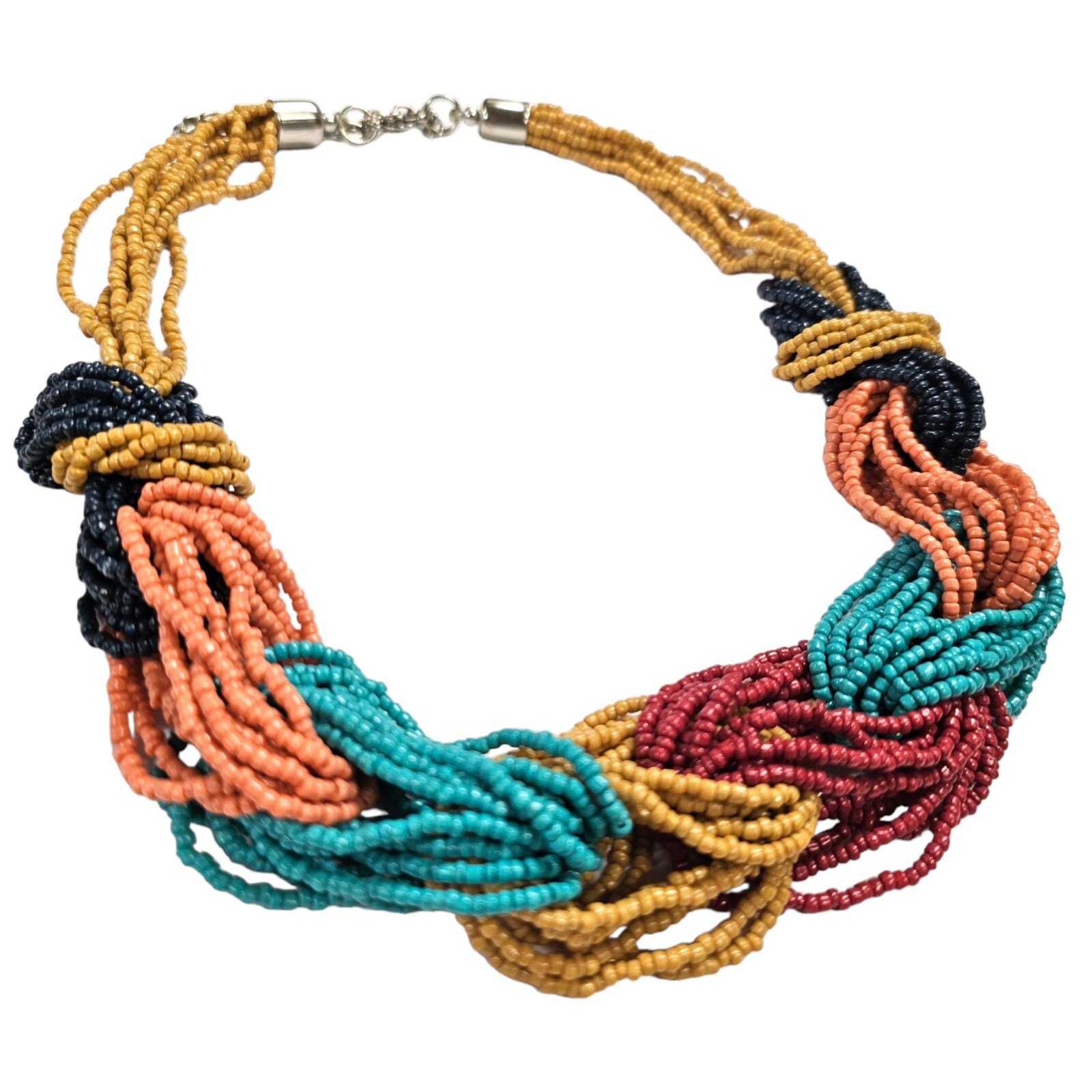 "Vintage Multi Strand Seed Bead Necklace Tribal Fall Colors 18\""