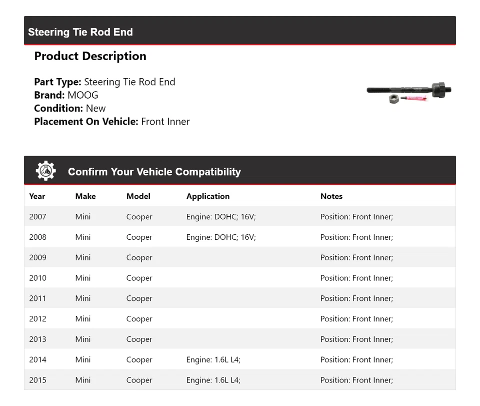 For 2007-2015 Mini Cooper Steering Tie Rod End Front Inner MOOG 2007 2008 2009 - Image 2 of 4
