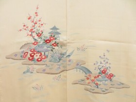 4603T03z540 Vintage Japanese Kimono Silk HAORI Flowers Light cream