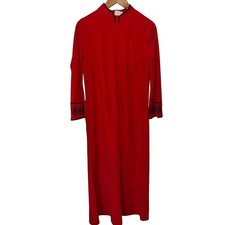 Vintage JCPenney Red Dacron Long Robe Zip Front Embroidered Cuffs Size 12