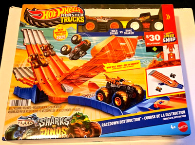 Hot Wheels Monster Trucks Race Down Destruction Track Sharks VS Dinos Playset