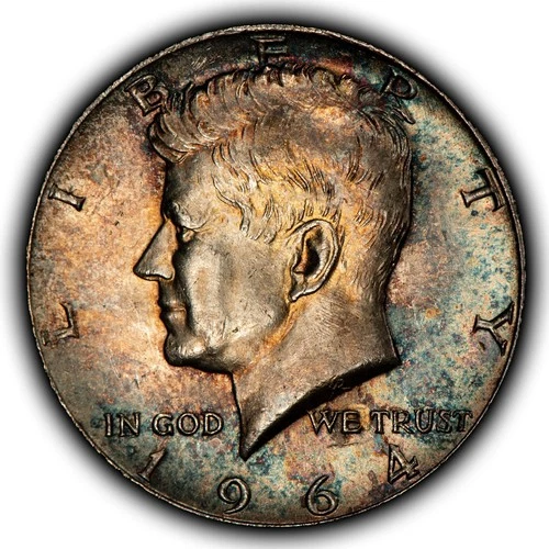 1964 50c Kennedy Silver Half Dollar - Luster - Colorful Toning - BU - SKU-H3841
