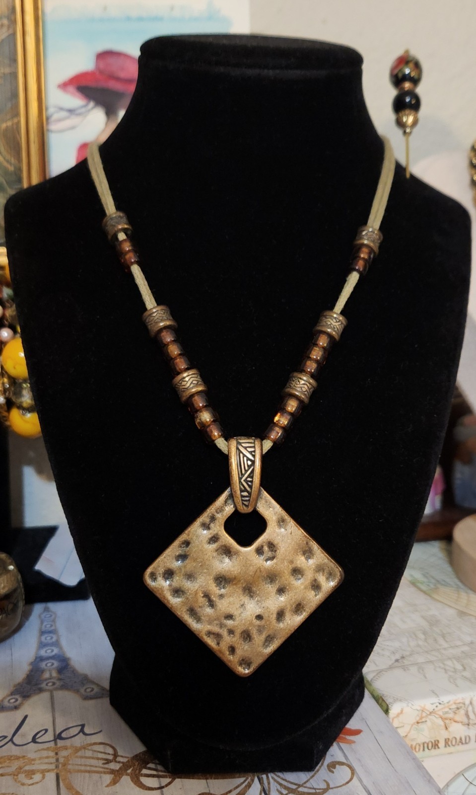 Premier Designs Two Strand Cord Acrylic Amber Beads Hammered Copper Toned...