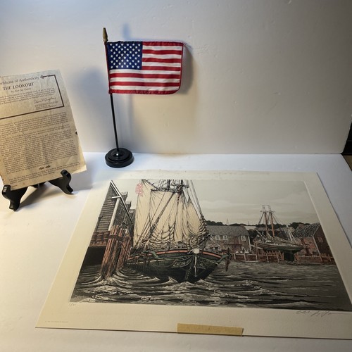 Alan Jay Gaines "The Lookout" acquaforte colorata con certificato di autenticità firmato 1981 Sailing Mass. - Foto 10 di 13