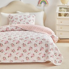 Twin Size Quilt Set for Girls, Pink Flowers Design, Microfiber
