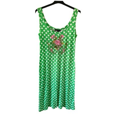 Kara Makan Damen Sommerkleid Midikleid Gr. 42 Grün Weiß Punkte Blumen