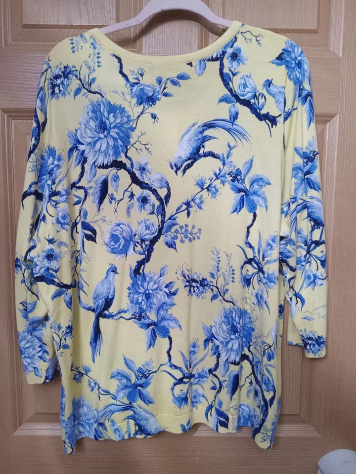 Talbots Womens Sz 2x Yellow Blue Floral  Cardigan Sweater Top 3/4 Sleeve - Image 2 of 4