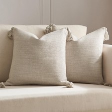 Set of 2 Linen Beige Pillow Covers 22x22 with Tassels, Linen Look Decorative ...