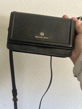 Michael Kors Black Pebbled Logo Crossbody Bag w/ Adjustable Strap, Gold HW