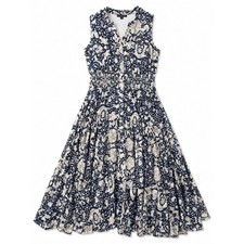 Chelsea & Theodore Blue Tan Floral Cotton Smocked Midi Dress Womens Medium
