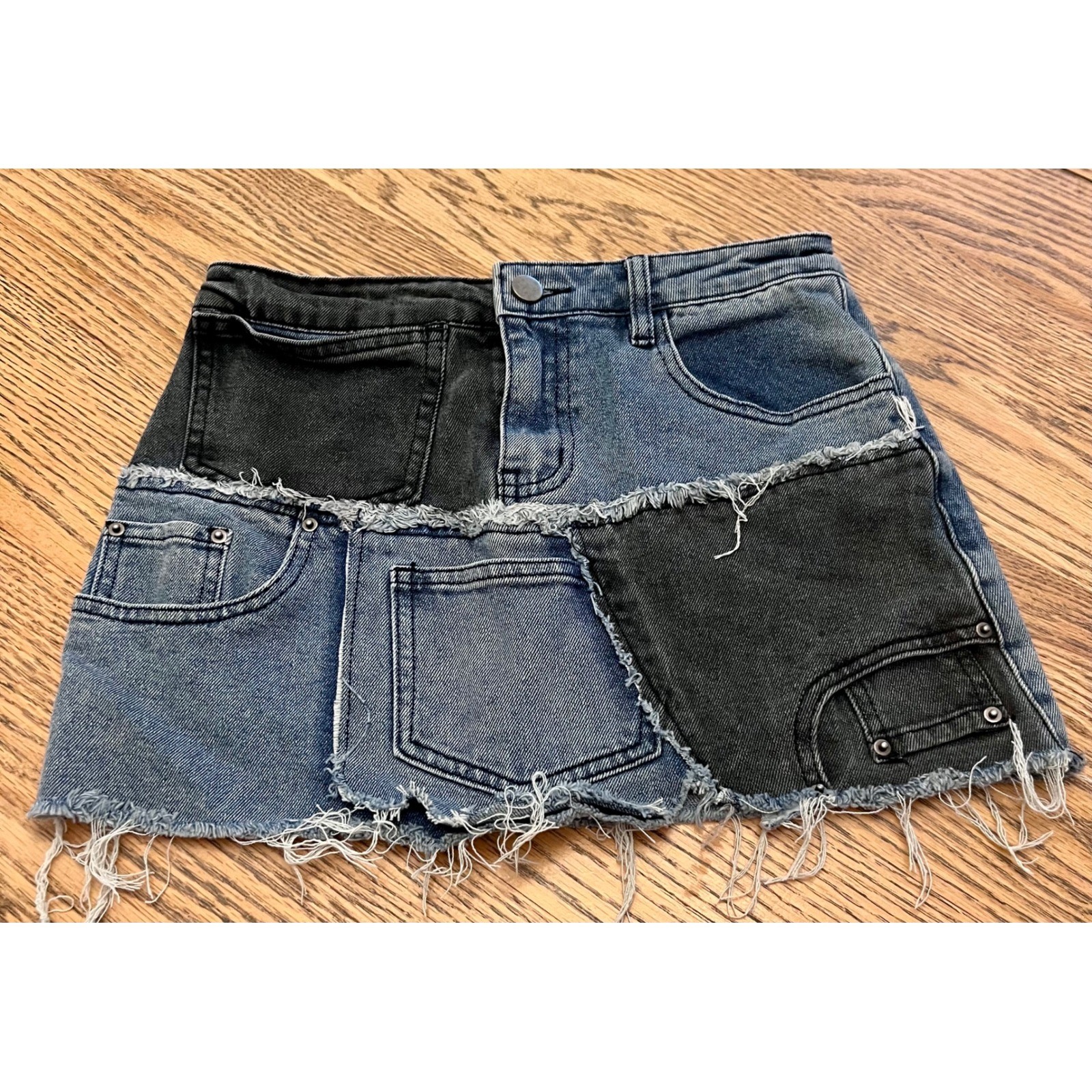 Fashion Nova Patchwork Denim Mini Skirt Blue Black Distressed Raw Hem XS image 2