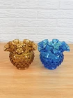 Fenton Hobnail Rose Bowl Vase Pair Amber Blue Ruffled Vintage Glass Manganese