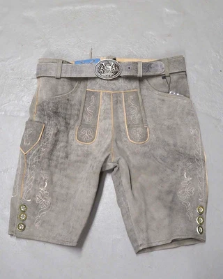kurze Lederhose  hellgrau antik look  mit Gürtel oder Hosenträger echt Leder Neu - Bild 1 von 4