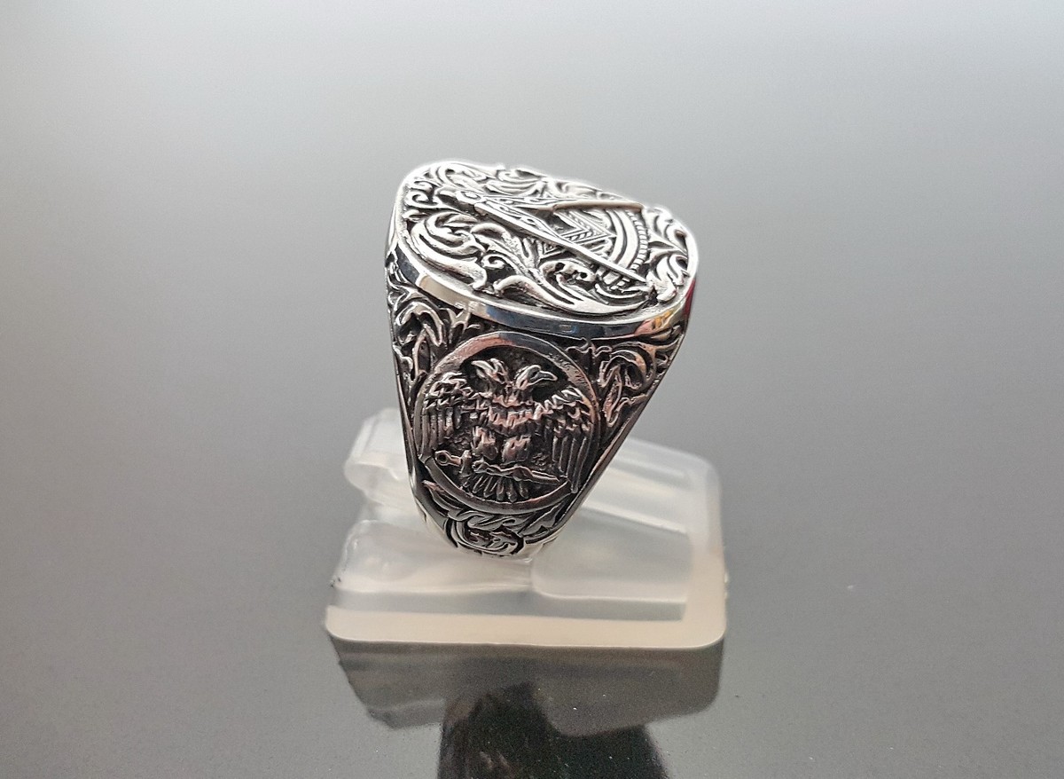 ELIZ 925 Sterling Silver Masonic Ring - Compass Eagle Sacred Geometry A.A.S.R