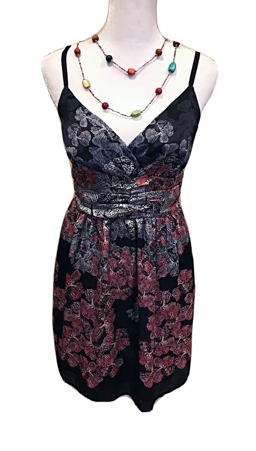 Imaginary Voyage Sexy Satin  Slip Dress Spaghetti Strap Black Floral Boho Sz L