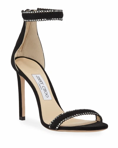 $950 JIMMY CHOO Dochas 100 crystal-embellished suede sandals BLACK 35.5 (SE27)