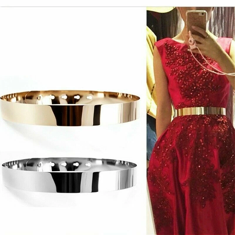 Damen Metall Hüfte Gürtel Bund Spiegel Breit Vergoldet Metallisch Glänzend Party - Bild 2 von 4