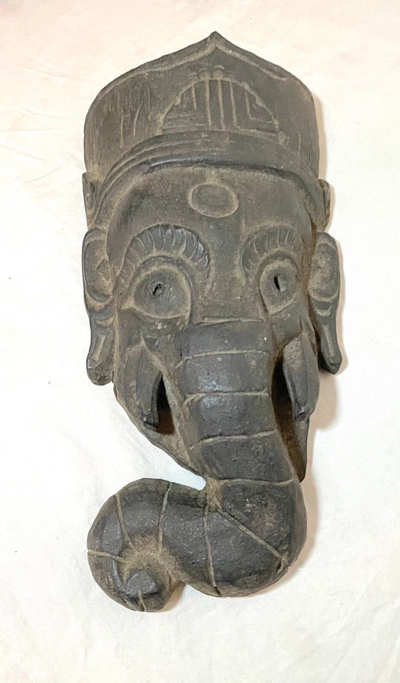 antique 19th century hand carved Myanmar Burmese wood Ganesha mask with wax seal - Image 4 of 4